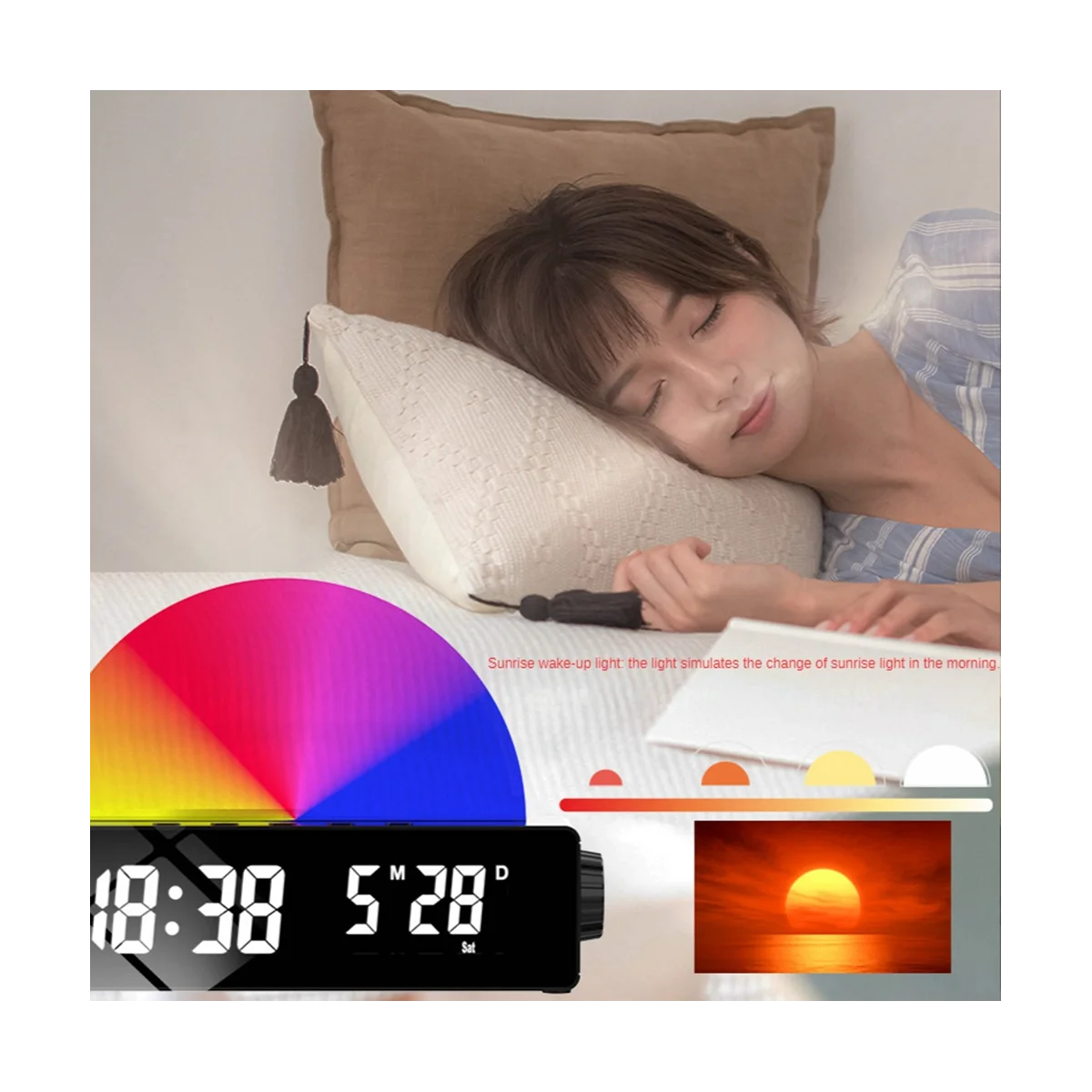 Multi Color Sunrise Despertador com Carregador USB, Wake Up Light, Dawn Simulator, Abajur Sun Lamp, Branco