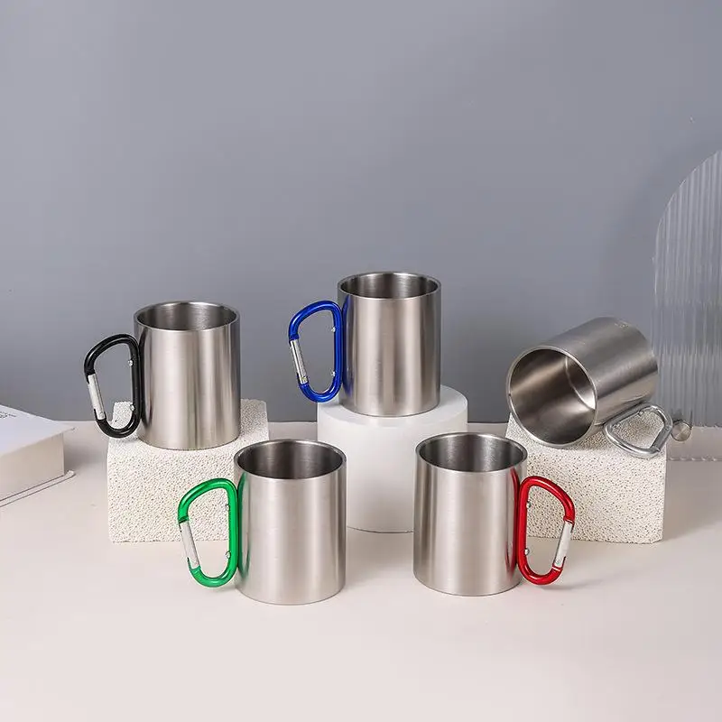 Stainless Steel Mountaineering Water Cup Button Coffee Camping Mug With Carabiner Handle Climbing Hiking Backpacking Travel Cups