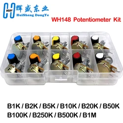 WH148 Potentiometer Kit 1K 2K 5K 10K 20K 50K 100K 250K 500K 1M 15mm Linear Taper Rotary Potentiometer Set 3Pin With Knob Cap