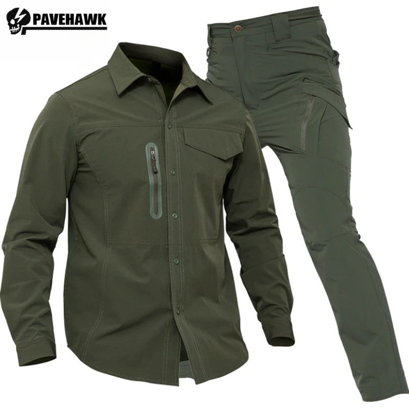 Quick Drying Mens Tactical Set Summer Adventure Hiking Combat Suit Zipper Pocket Shirt+Multi Pocket Cargo Pants 2-piece Set