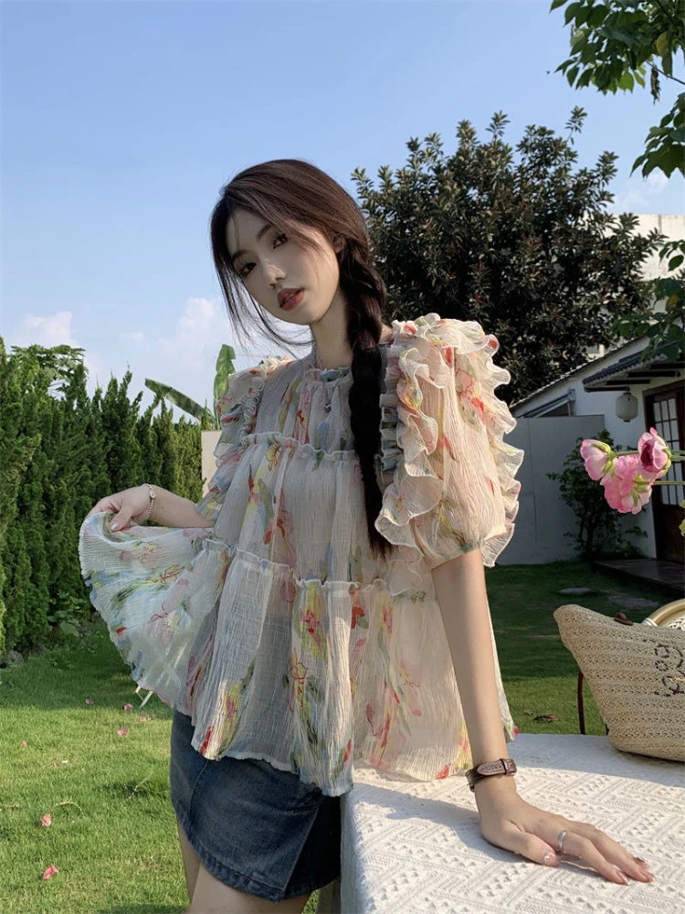 Vintage Blouse Women\'s Clothing Sweet Tops Ruffled Collar Puff Sleeve Print Summer Shirts Loose Korean Blusas Mujer De Moda 2024