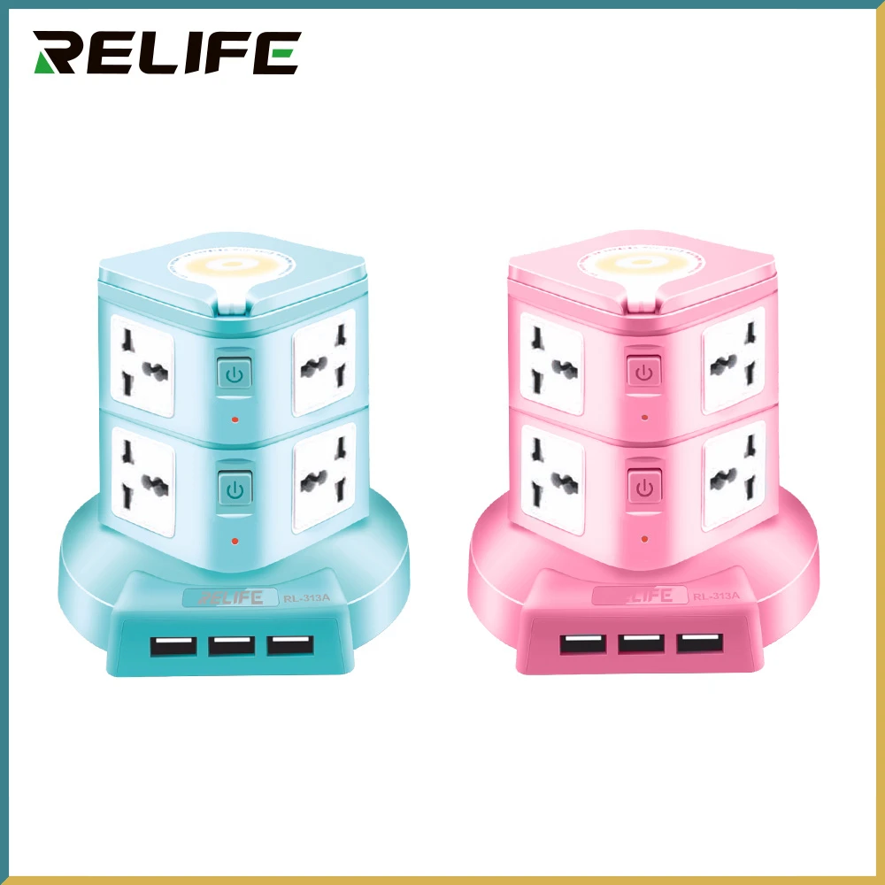 Relife RL-313A 4-in-1 Multi-function Safety Socket 8 Jacks USB Fast Charge Port  Touch Night Light Design