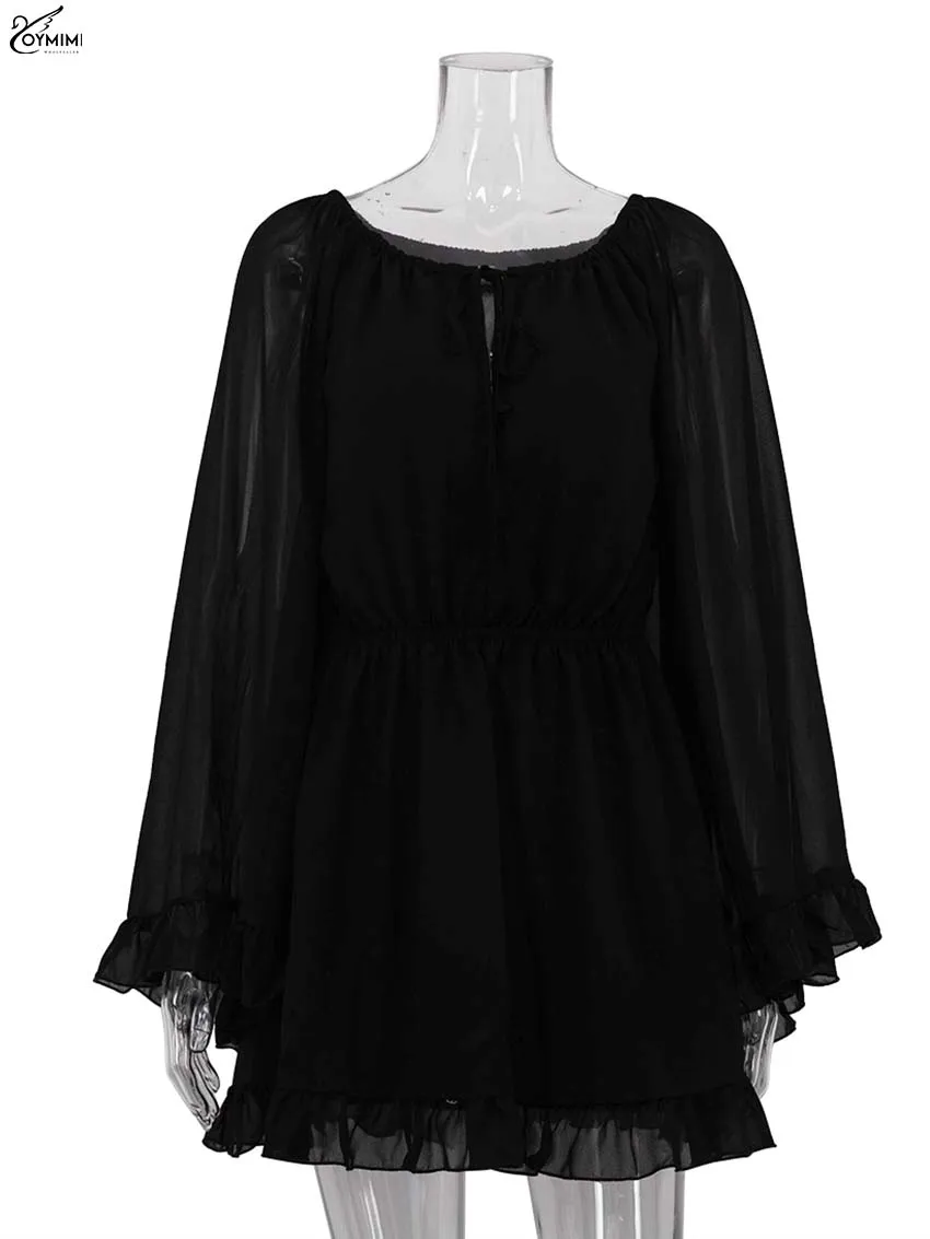 Oymimi Fashion Black Lace-Up Womens Dresses Casual Long Sleeve Button Ruffled Dresses Elegant High Waisted Pleated Mini Dress