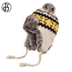 FS Rot Winter Warme Gestrickte Frauen Earflap Hut Woolen Trapper Bomber Hßte Fßr Männer Outdoor Winddicht Russische Kappe Mit Pelz Pompom