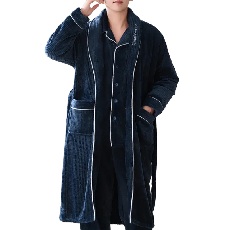 Winter New Thickened Coral Velvet Men Pajamas Flannel Bathrobe Mid Length Home Wear Keep Warm Men Three-piece Night-robe