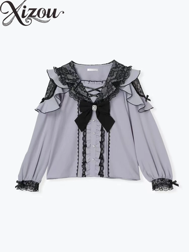Haut à manches longues en dentelle avec nœud japonais, chemisiers à col bleu marine, Style Lolita, chemise Cosplay pour femmes, printemps automne