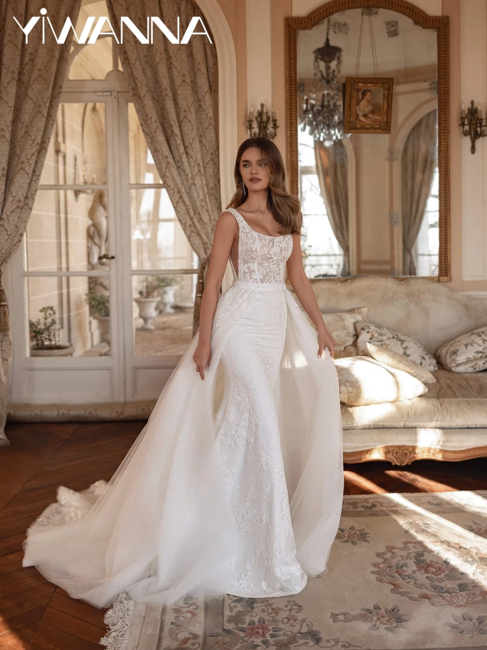 

Sparkling Elegant Pearls Appliques Long Dress Detachable Train Square Neck Bridal Gown Customized Tank Sleeve Dresses For Bride