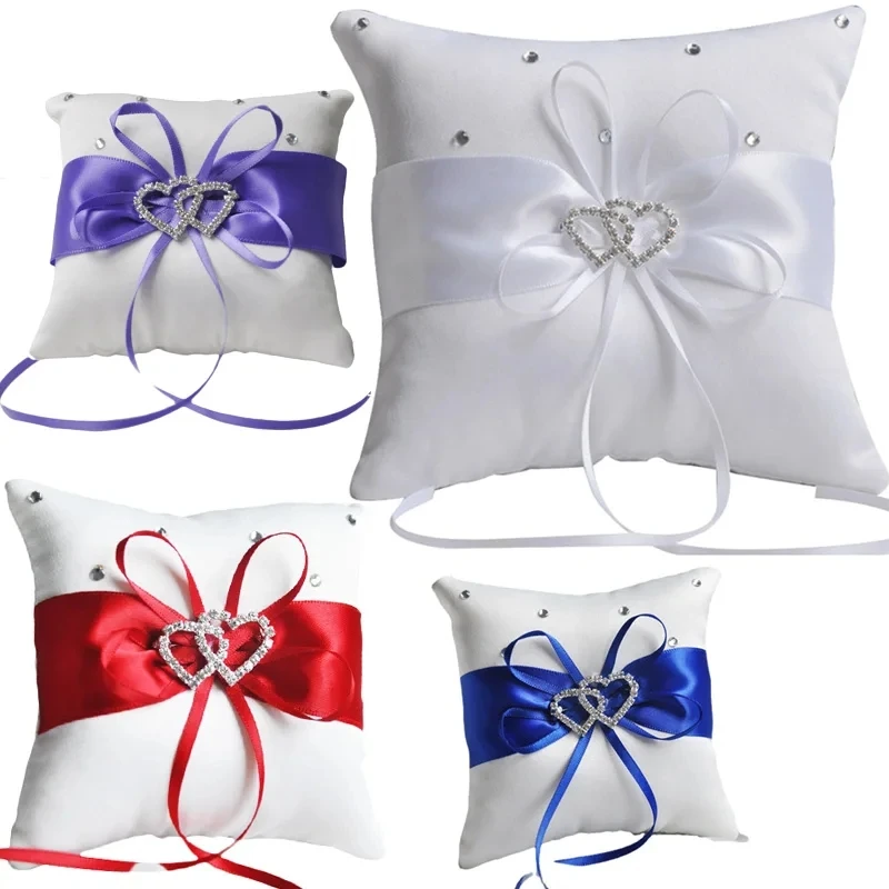 Wedding Ring Pillow for Wedding Decoration 20 X 20cm Double Heart Rhinestones Decor Satin Bridal Cushion with Ribbons