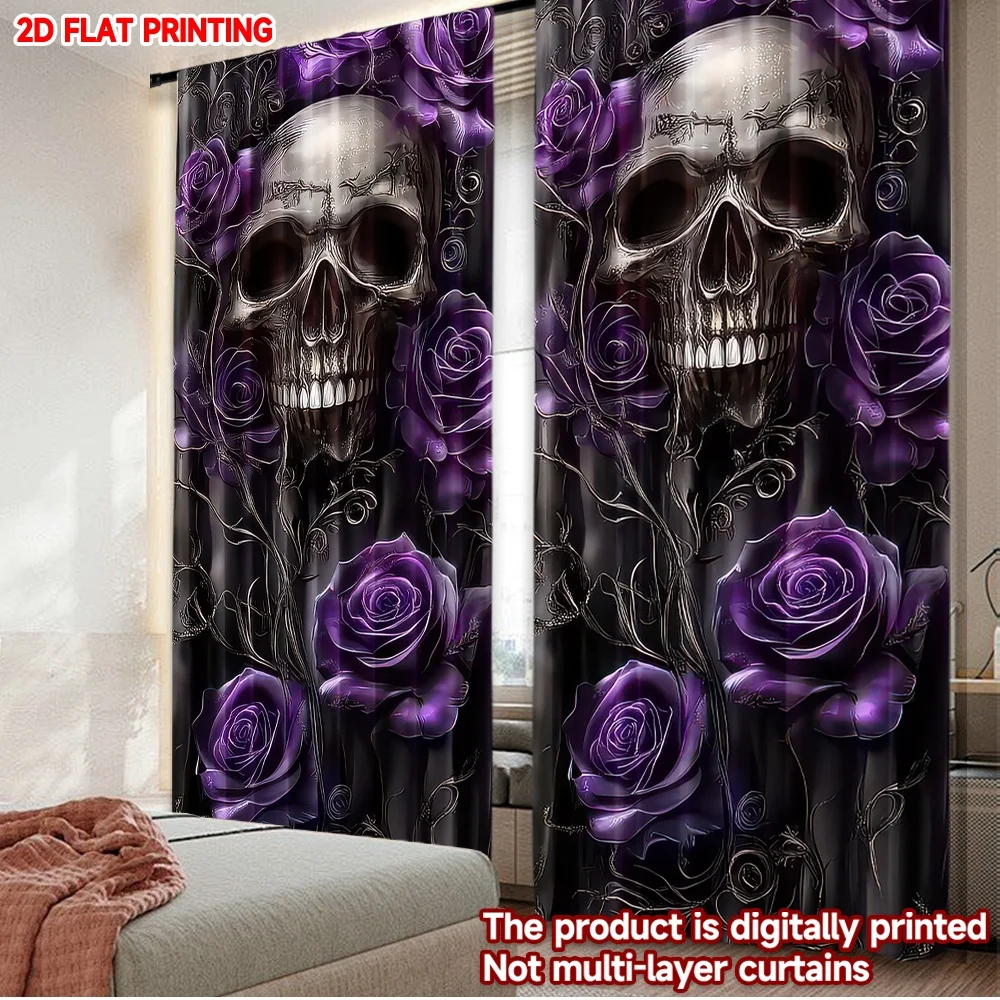 2D flat printing 2pcs Curtains Halloween Skull and Purple Roses Digital Printed Polyester Drapes Festive Holiday for New Year