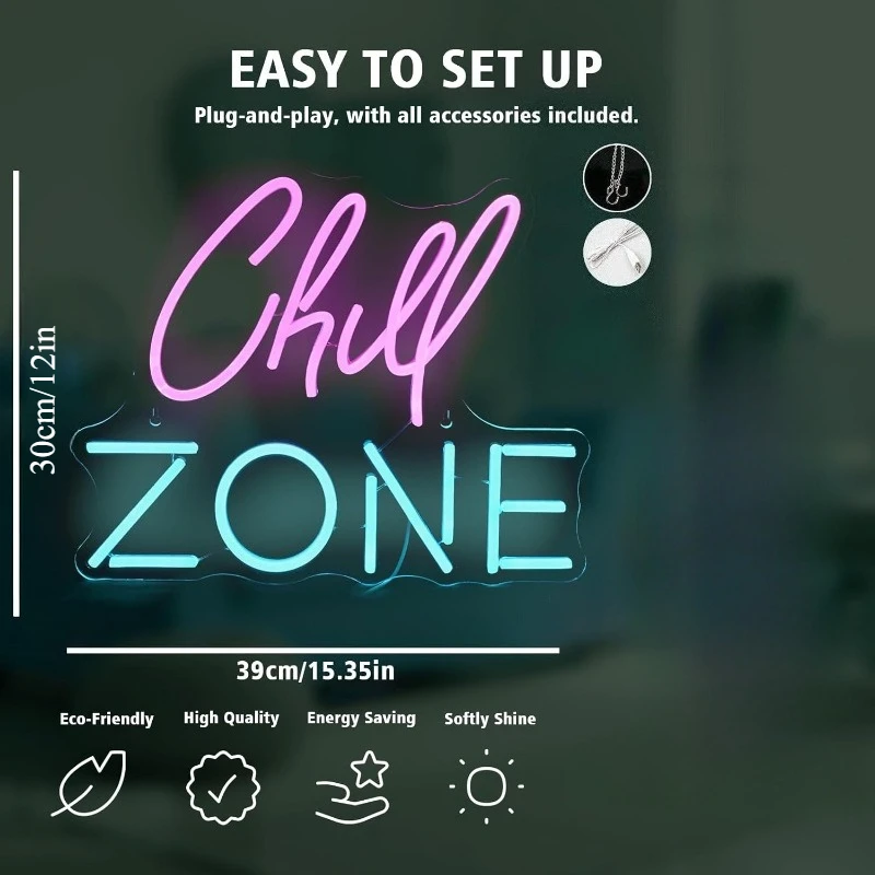 Chill Zone Neon Sign Dimmable USB Powered Light Up Signs for Home Lounge Game Room,Bar,Relaxing Room,Bedroom Wall Art Decoration
