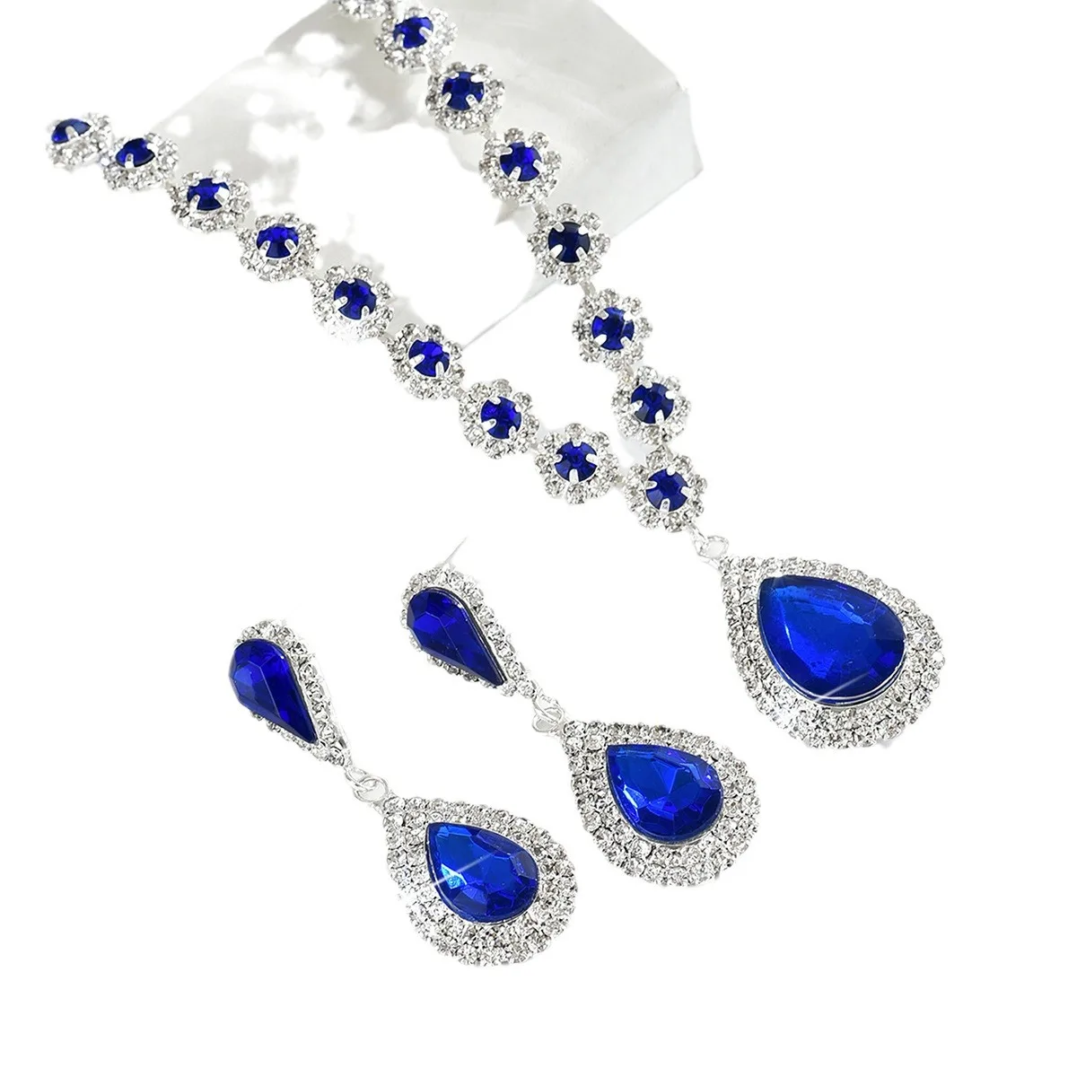 Cross-border water drop crystal necklace and earrings set for women; two-piece jewelry set