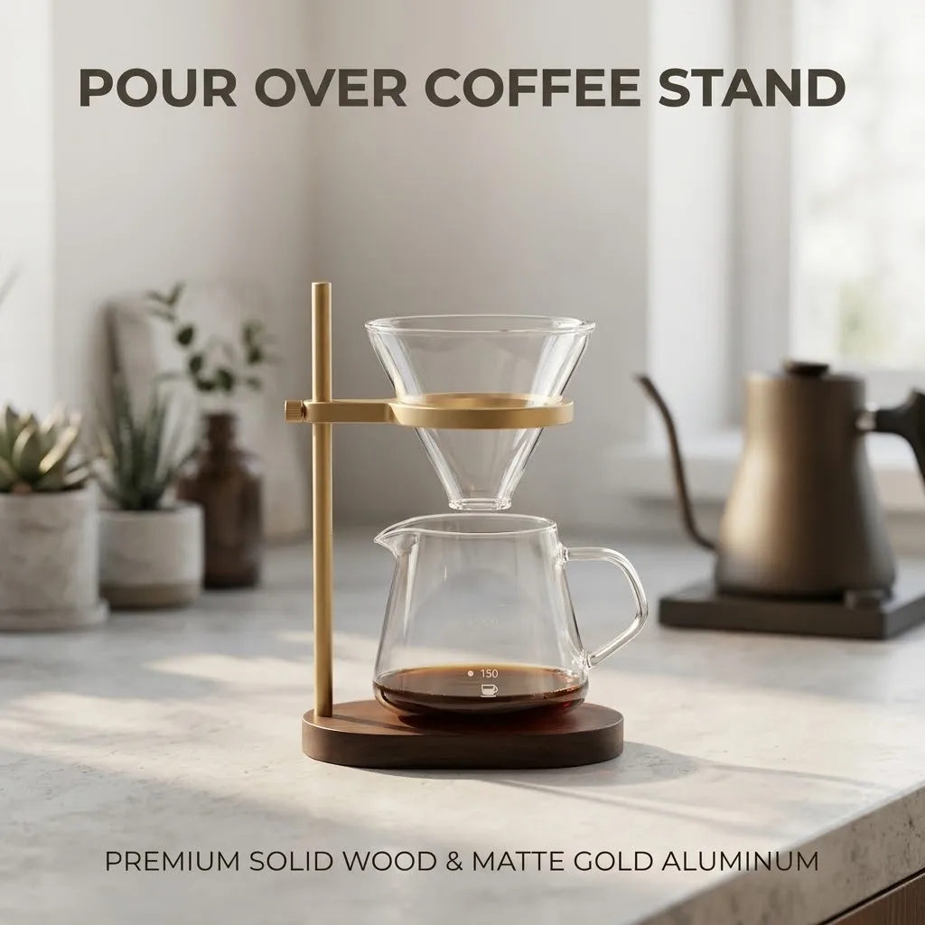 Premium Hand Drip Coffee Holder,Height‑Adjustable Metal Stand Wood Base,Compatible With Various Filter Cups for Coffee Making