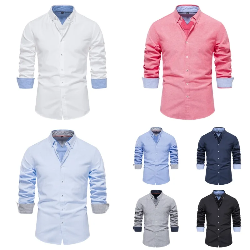 

Pop Cotton Oxford Men's Shirts Long Sleeves Plaid Soft Regular Fit Formal Dress Shirt Pocket Social Blouse Male Clothes