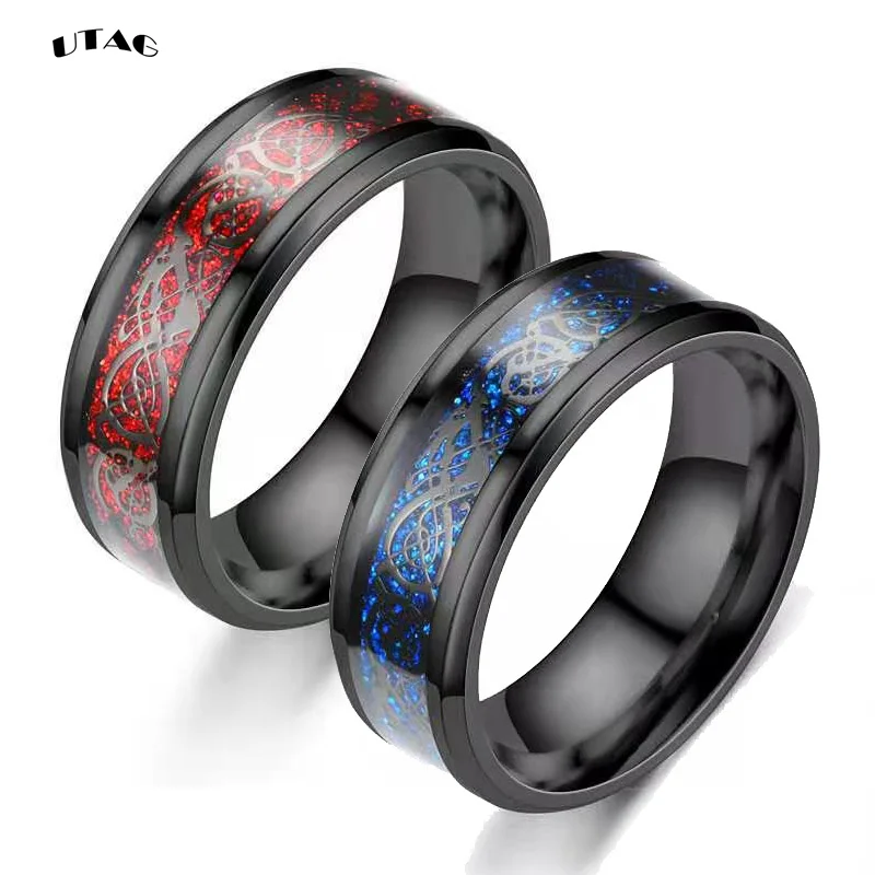 UTAG 8 Colors 8mm Men's Stainless Steel Dragon Ring Inlay Red Green Black Carbon Fiber Ring Wedding Band Jewelry Size 6-13