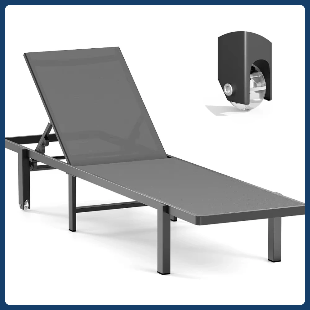 كرسي استرخاء من الألومنيوم للاستخدام الخارجي مع 5 أوضاع ومسطحة بالكامل، كرسي فناء رمادي مع عجلات لسطح حمام السباحة