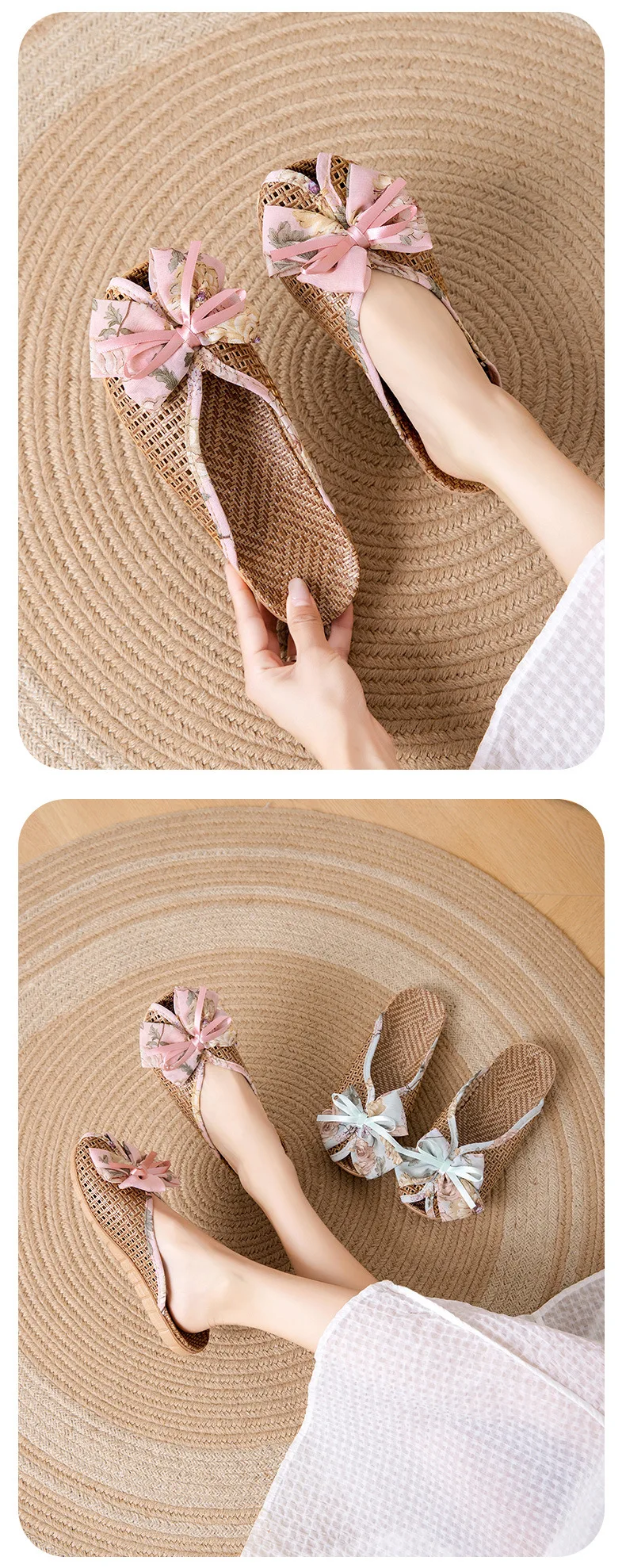 Rattan-Hausschuhe mit Fliege – niedliche Hausschuhe im koreanischen Stil, rutschfeste, atmungsaktive Innensandalen mit weicher Sohle für den Sommer – Detail 8
