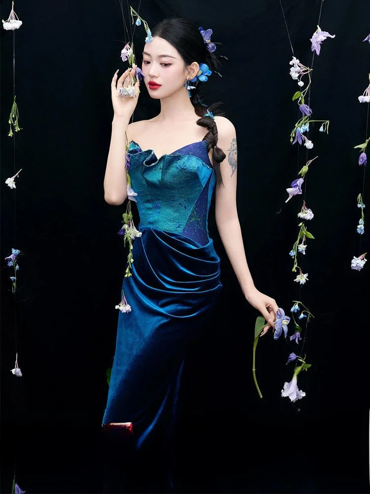 

Ele Blue Chinese Sle Wedding Dr Women's Strapl Gown for Engagement And Marriage High End Luxury Retro Long Dr