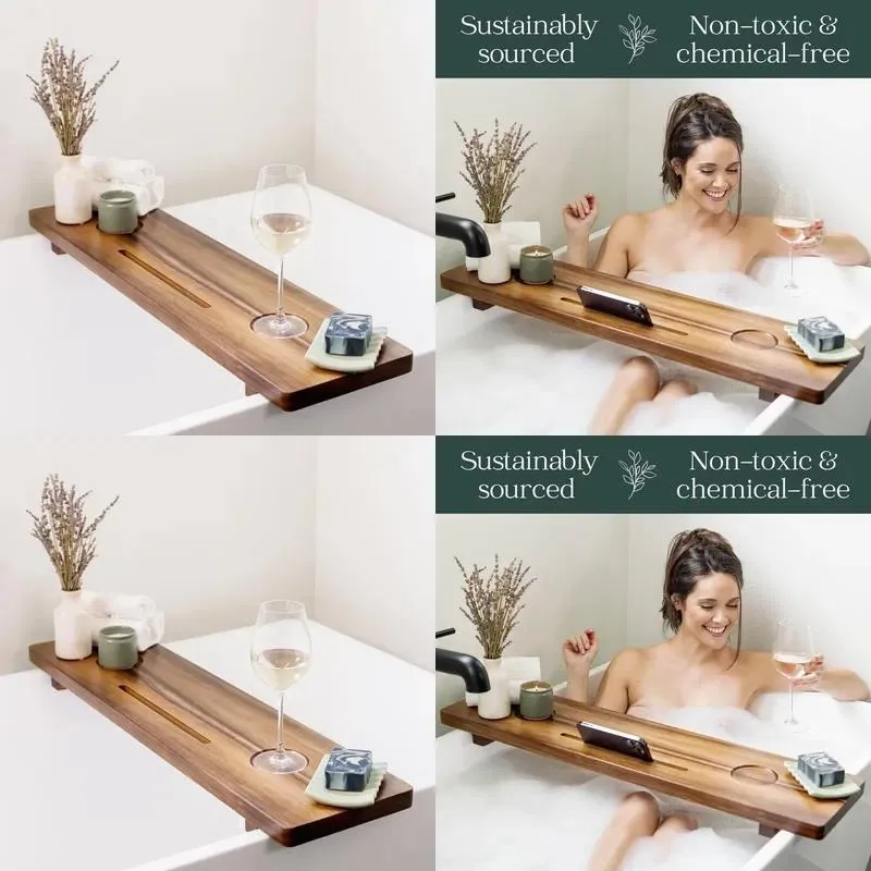 Large Thick Solid Acacia Wood Bath Tray Bathtub Caddy Shelf Organizer for Spa Bathroom Accessories