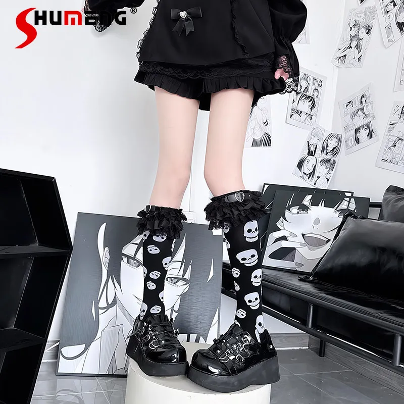 

Halloween Dark Skull Calf Subculture Japanese Punk Women's Socks Personality Leather Buckle Pile Lolita Lace Medium Stockings