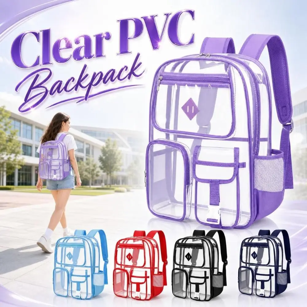 Mult-Pocket Clear PVC Backpack Transparent Waterproof School Backpack Lightweight Wear-Resistant See-Through Bookbag