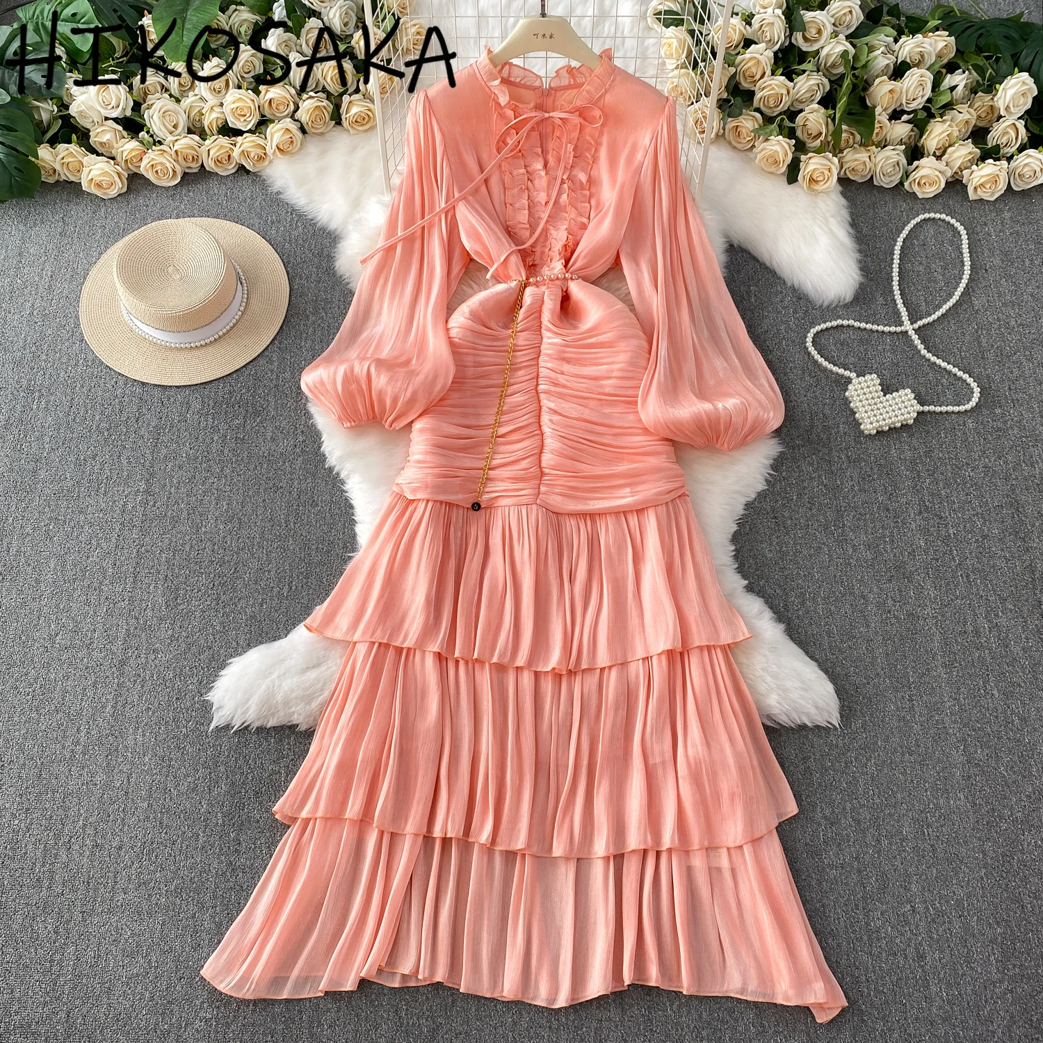 

Chic Elegant Shine Cake Dress For Women Party Fungus O-neck Lantern Sleeve Midi Length Robe Solid Temperament Femininos Vestido