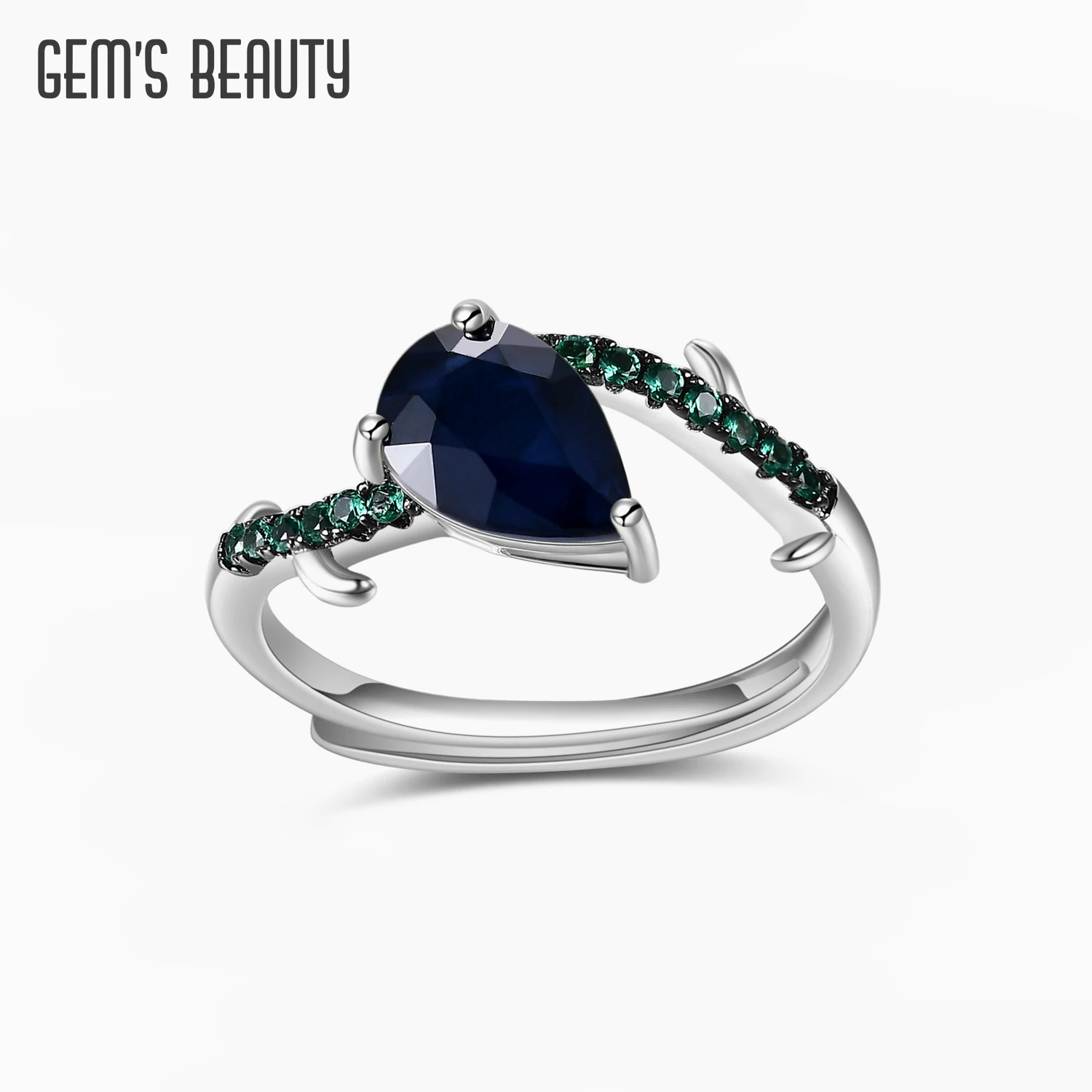 

GEM'S BEAUTY 925 Sterling Silver Handmade Adjustable Rings Pear Shape Natural Blue Sapphire Gemstone Statement Ring For Women