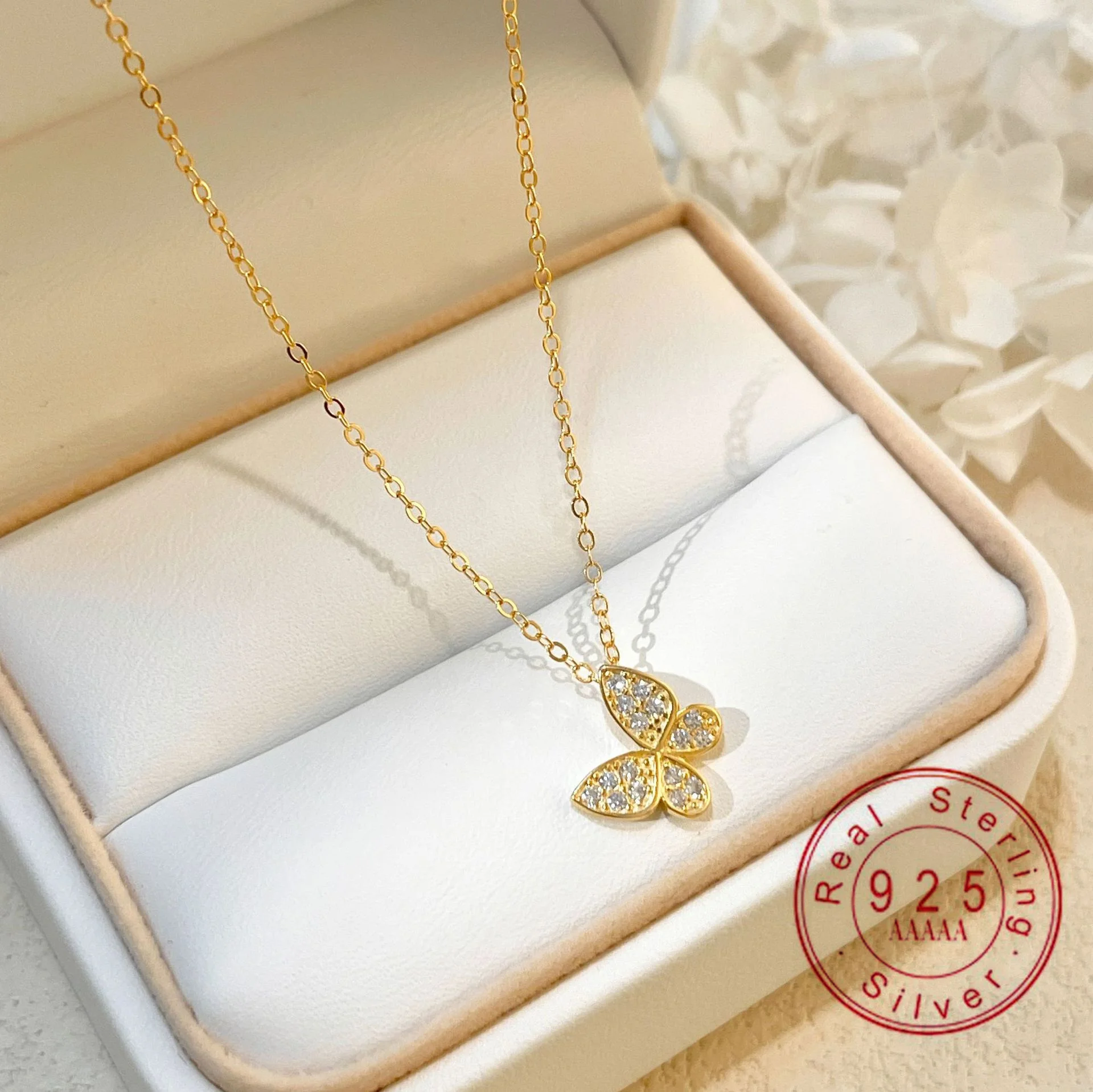 Collier pendentif papillon en argent sterling 925 plaqué or 14 carats, entièrement pavé de zirconiums cubiques, colliers délicats pour femmes, cadeau de bijoux