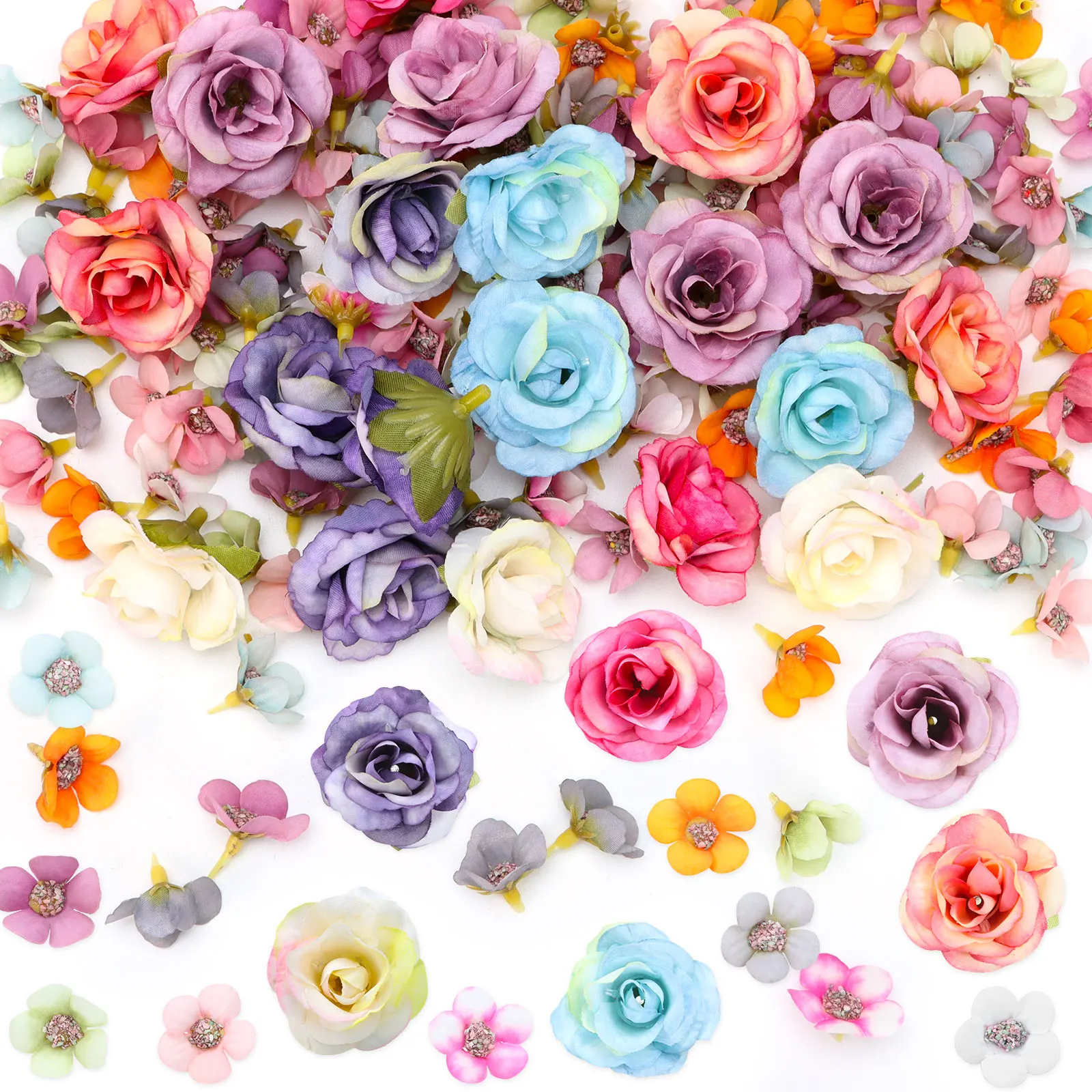Mini teste di fiori da 220 pezzi, fiori di rosa artificiali con steli