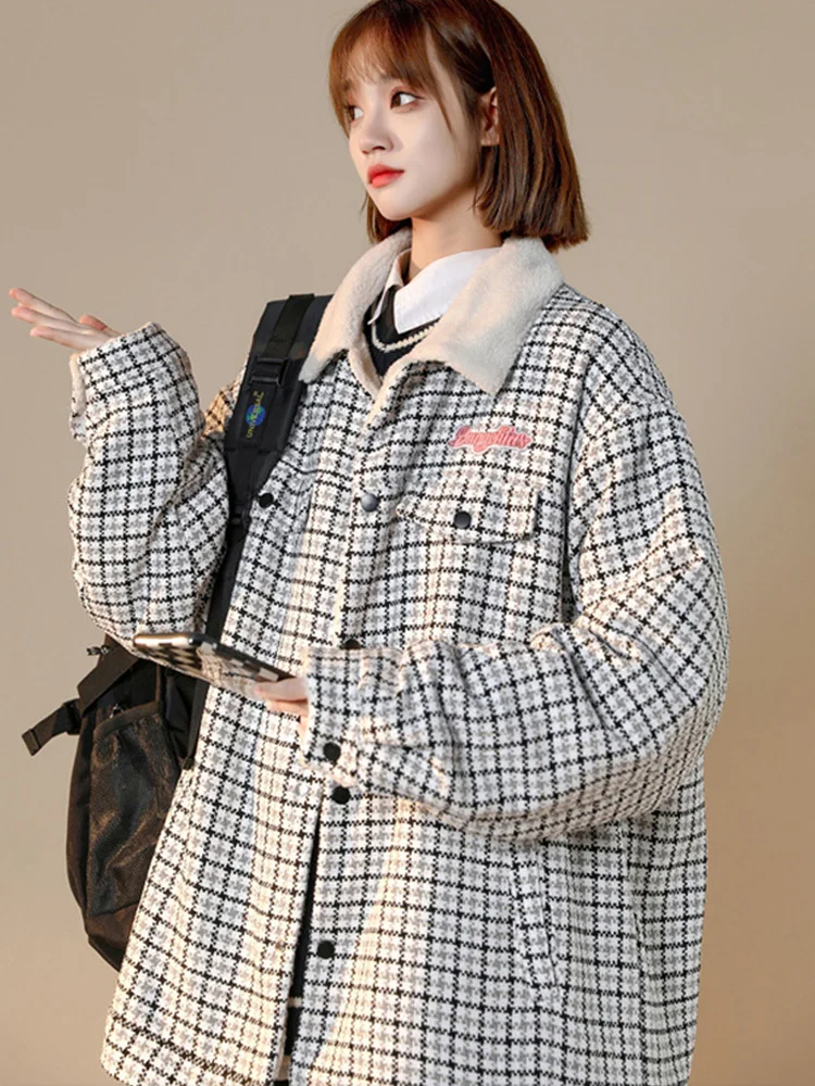 2023 Winter Women's Waterproof Parka Casual Warm Snow Jacket Lamb Wool Collar Plaid Coat Thickened Cotton Coat