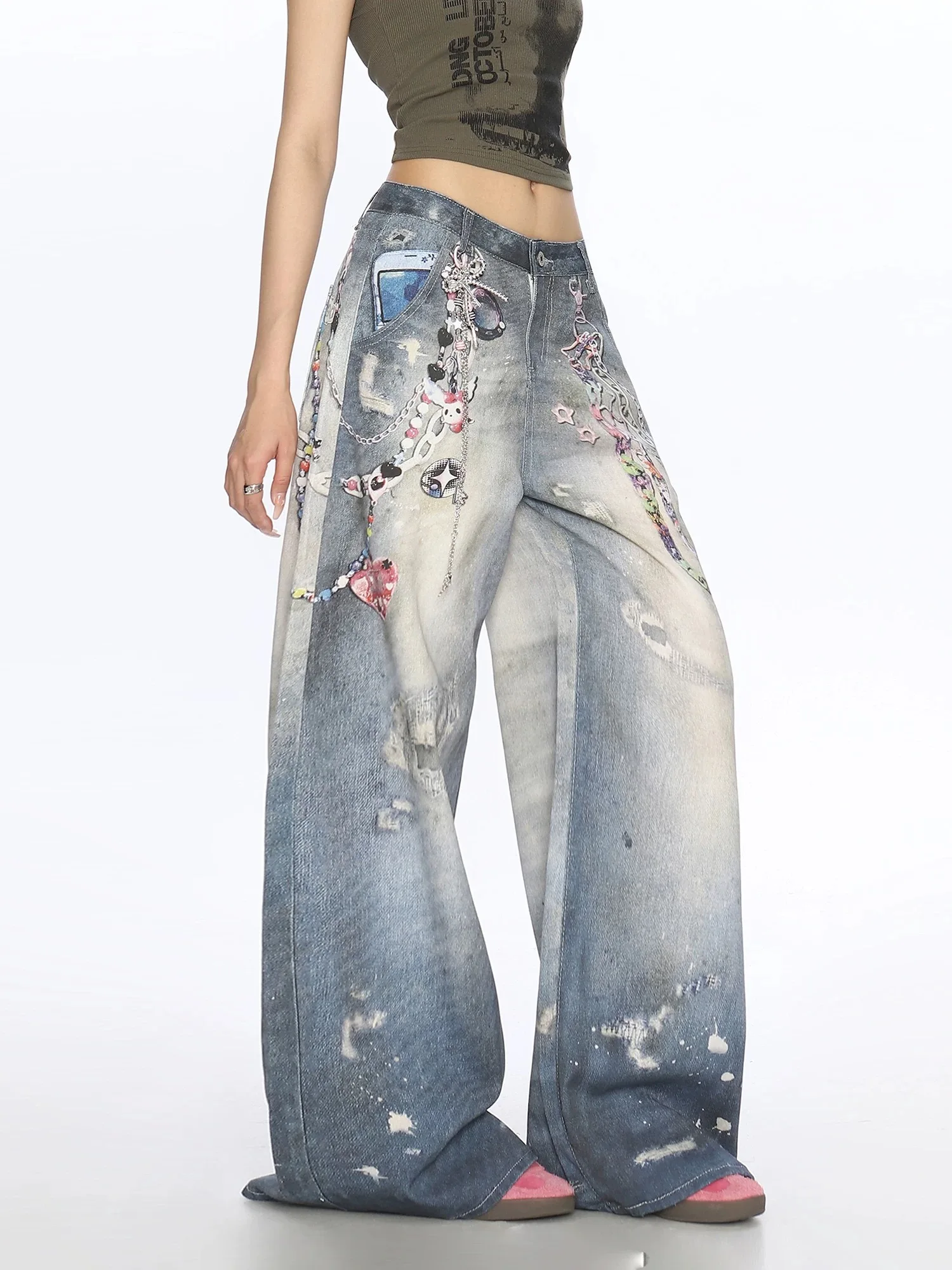 

Y2K Wide Leg Pants Women Chain Print Denim American Vintage Graffiti Style Relaxed Fit Floor Dragging Trousers
