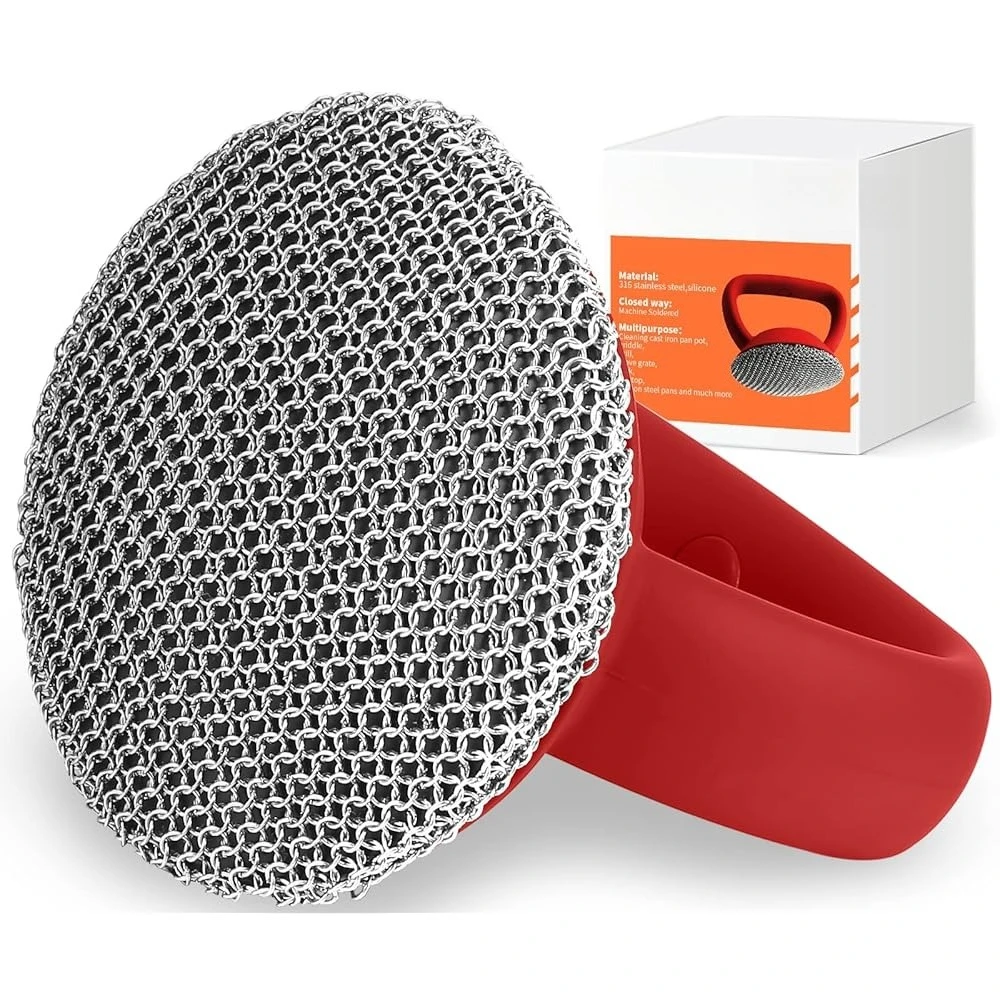 

Cast Iron Cleaner Scrubber with Heavy Duty Handle, 3mm Welded Chain Mail Scrubber for Pan Pot Grill- Small Ring Chainmail Gri