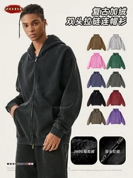 ZODF Vintage Men Winter Batik Washed Hoodies Woemn Unisex Loose Distressed Warm Fleece Hooded Pullovers Tracksuits Set HY0750