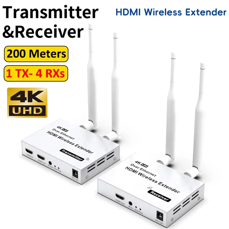 4K 200m 5.8GHz Wireless Transmitter Receiver Extender 1 TX-4 RX Audio Video Extender Kit with IR HDMI-Compatible Loop-Out For TV