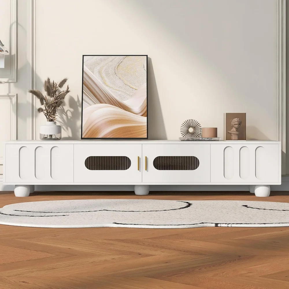 

Modern TV Stand 80 Inch: White MDF Entertainment Center with 2 Drawers & Glass Cabinets - Cable Management & Solid Wood Legs