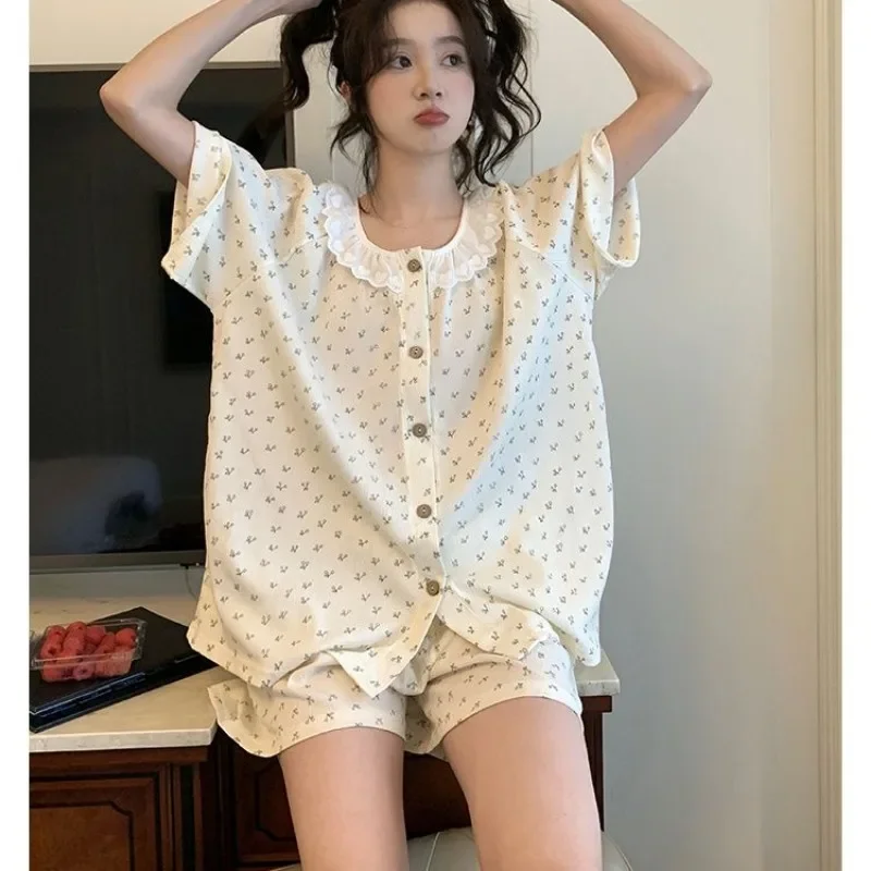 Cherry Sleepwear Women Korean Reviews Many Pajama Sets Summer Home Wear Short Sleeve Pyjamas Lace  Two-piece Set Japanese Piiama