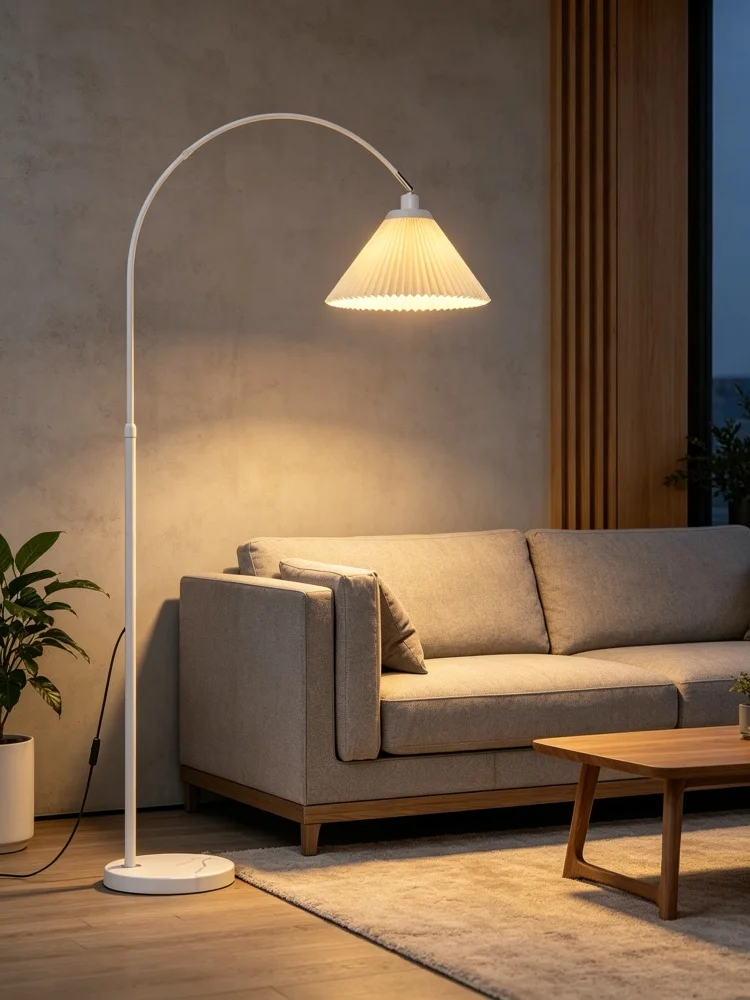 White Arc Floor Lamp Marble Base Pleated Shade Adjustable Height 145-180cm E27 Light EU UK US AU Plugs for Living Room Bedroom