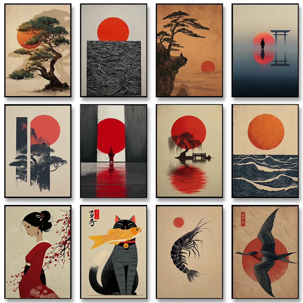 Japanese Zen-inspired Landscape Painting with A Red Sun Cat Koi Canvas Painting Wall Art Poster Picture Home Decor Mural Cuadros