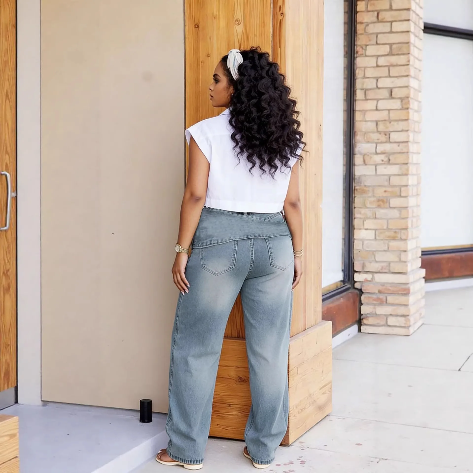 Light Blue Solid Color Multi Pockets Casual Simple Denim Trousers Female Streetwear Four Seasons Fashion Jeans Pants Clothes