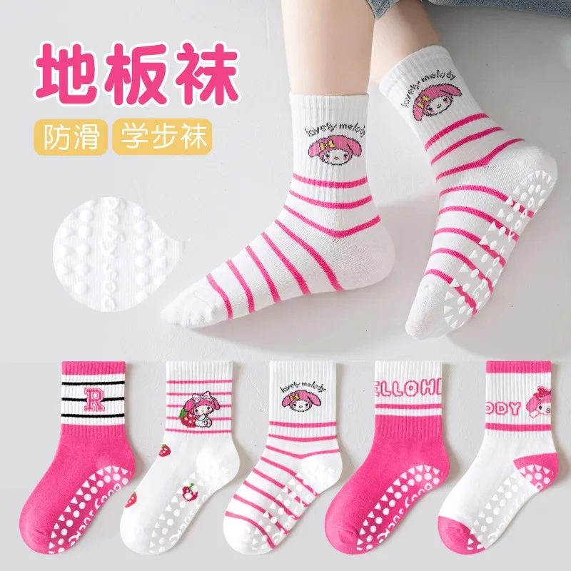

5 Pairs Cute Sanrio Kitty Children's Floor Socks New spring and autumn Models Rubber Anti-slip Indoor Kids Mid-calf Socks Gifts