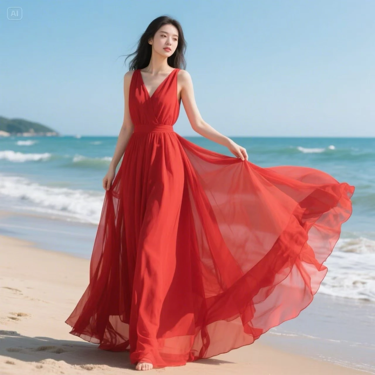 Boho ฤดูร้อนสีแดงชีฟองชุดชายหาดผู้หญิงเซ็กซี่ V คอวันหยุดเต้นรําชุดราตรียาว Maxi Robe 2025 ใหม่