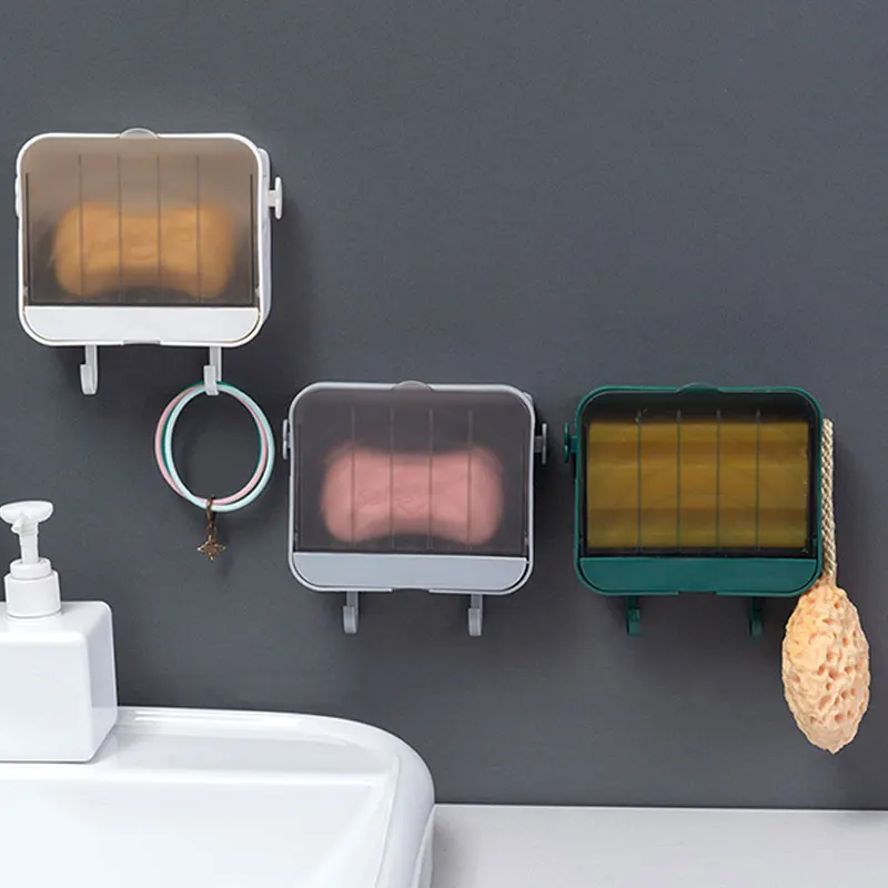 1PC Creative Dustproof Lid Drainage Soap Box Bathroom Free Wall Mounted Practical Soap Holder Without Trace New Soap Shelf