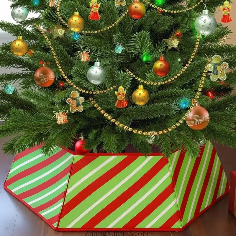 Polyester-Weihnachtsbaumrock-Basisabdeckung mit diagonalem Feiertagsmuster, sechsteilige Form für Heimbüro und Ladenauslage 3XUF – Detail 5