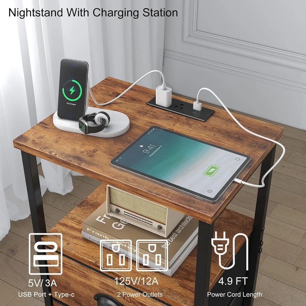 زوج من طاولات النوم الصناعية ذات الطراز العتيق مع أدراج قماشية، وحدة تخزين متعددة المستويات، وإضاءة LED، ومنفذ شحن