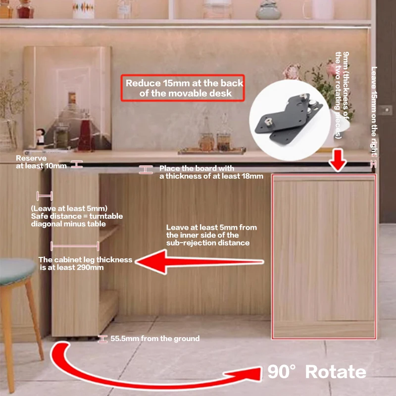 JISHI Heavy Duty 90 Degree Rotating Table Fittings For Office Desk Kitchen Bar Hidden Folding Mechanism High Strength
