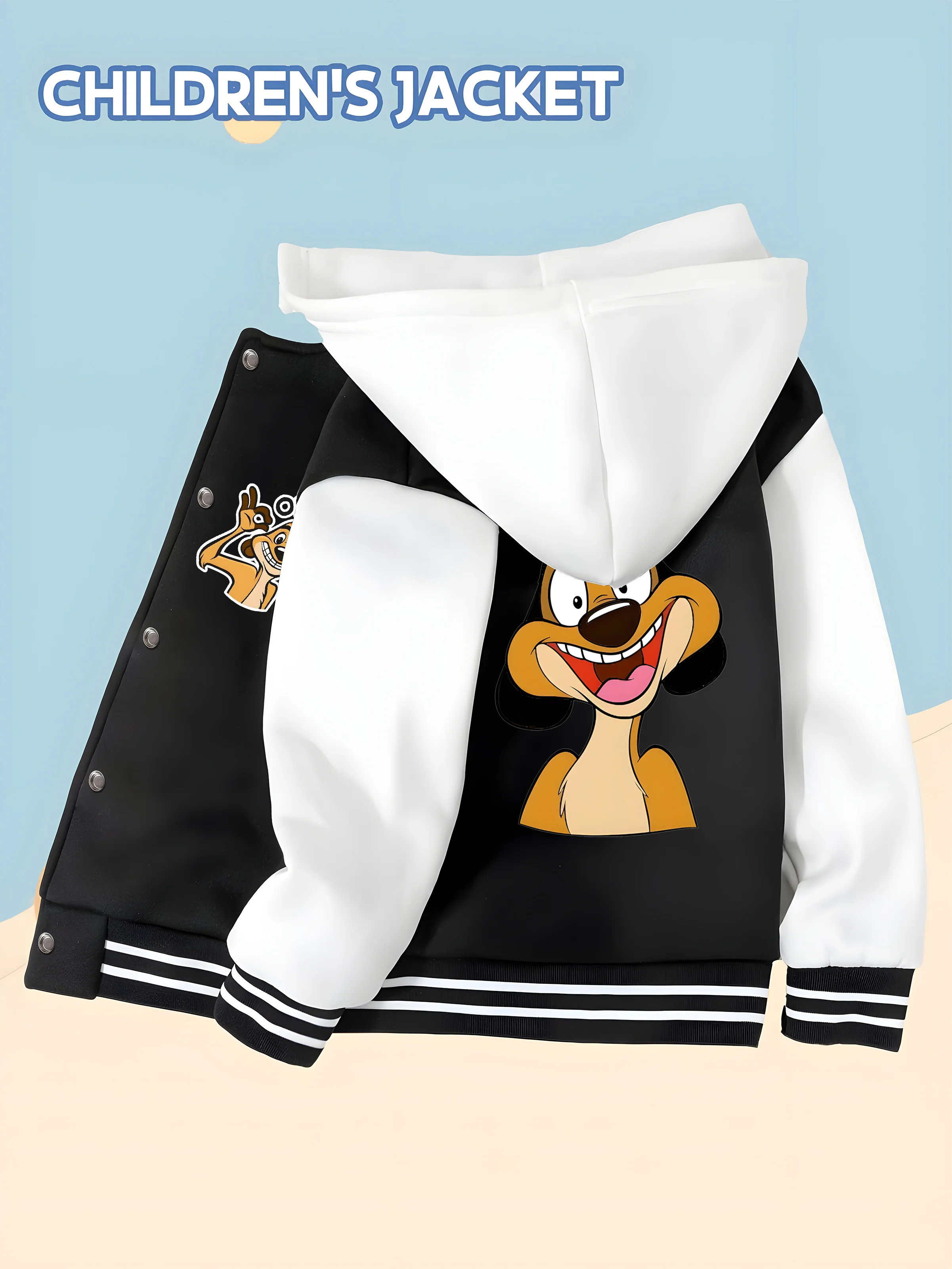 

MINISO Disney "OK" Timon Baseball Jacket for Boys - Double-sided cute Timon pattern, perfect for fall/winter, everyday wear