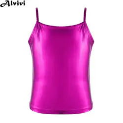 Children Girls Metallic Shiny Glossy Camisole Vest Tank Tops Hip Hop Jazz Street Dance Cheerleading Costume for School Party