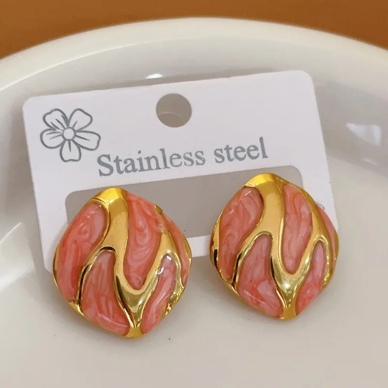 New Retro Gold Color Stainless Steel Colored Resin Drops Oval Teardrop-shaped Stud Earrings for Woman Charm Jewelry Accessories