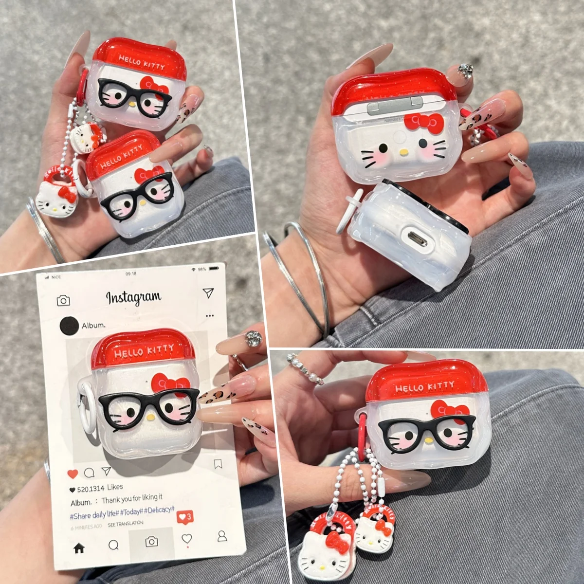 

Sanrio HelloKitty for AirPods 4 3 2 1 Pro Pro2 White Protective Shell All Inclusive Wireless Headset Accessory with Pendant