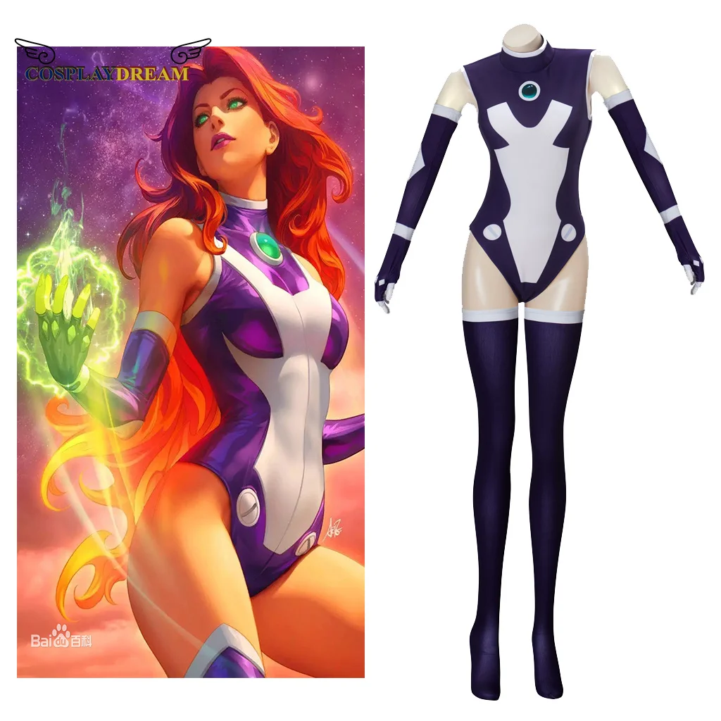 

（in stock）Starfire Cosplay Halloween Women's Starfire Costume Starfire Superhero Battle Suit Sexy Bodysuit Gloves Socks Set