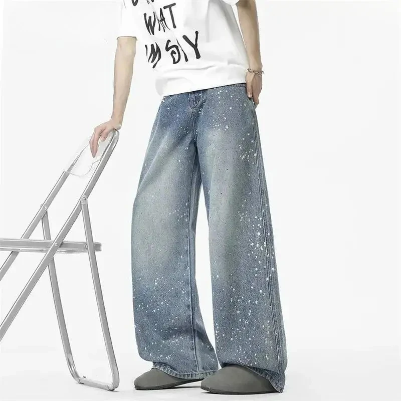 

Streetwear Men's Washed Jeans Light Blue Heat-melting Rhinestone Splashed Ink Loose Wide Leg Casual Denim Long Pants